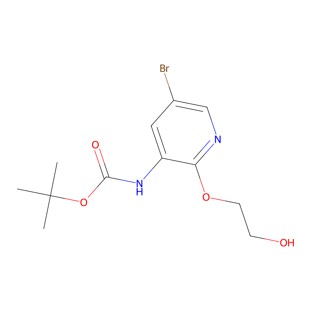 tert-butyl N-[5-bromo-2-(2-hydroxyethoxy)pyridin-3-yl]carbamate molecular structure, CAS 2408963-95-9