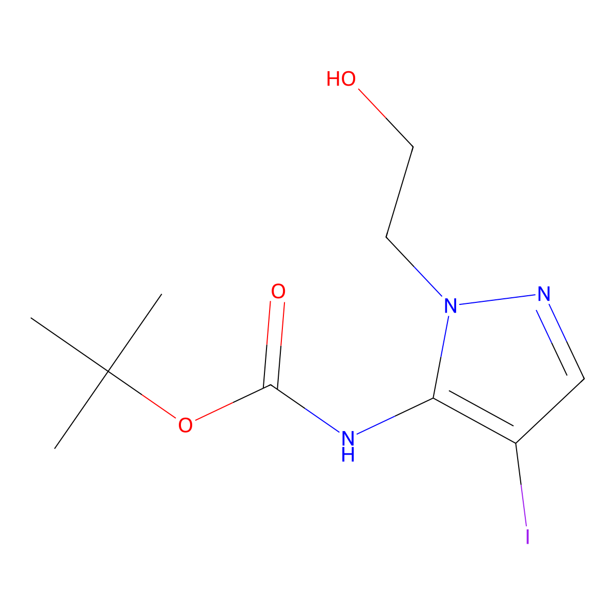 tert-butyl N-[1-(2-hydroxyethyl)-4-iodo-1H-pyrazol-5-yl]carbamate molecular structure, CAS 2408965-54-6