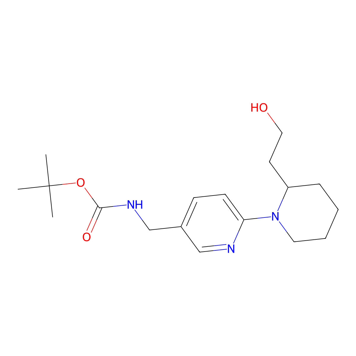 tert-butyl N-({6-[2-(2-hydroxyethyl)piperidin-1-yl]pyridin-3-yl}methyl)carbamate molecular structure, CAS 2408966-36-7