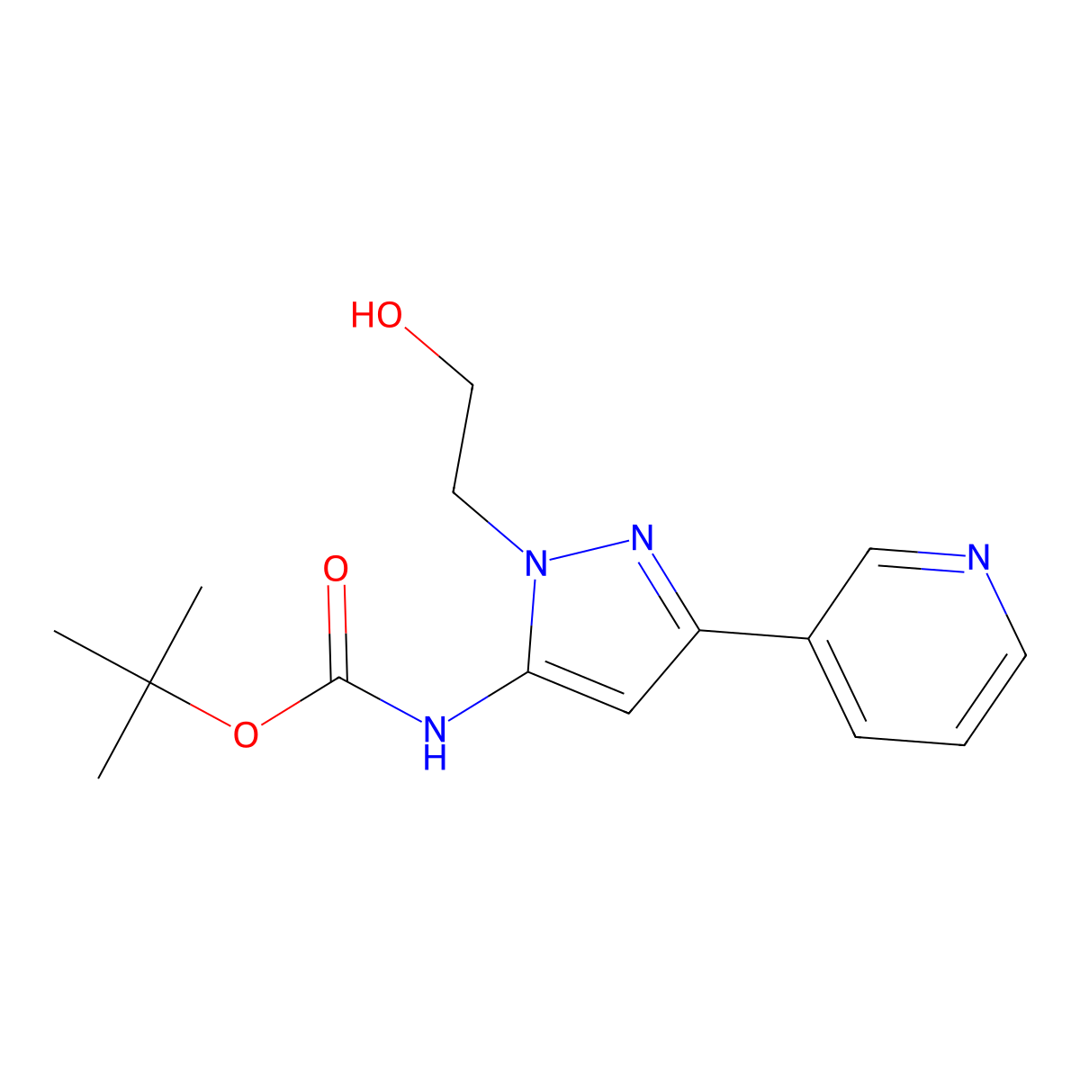 tert-butyl N-[1-(2-hydroxyethyl)-3-(pyridin-3-yl)-1H-pyrazol-5-yl]carbamate molecular structure, CAS 2408968-34-1