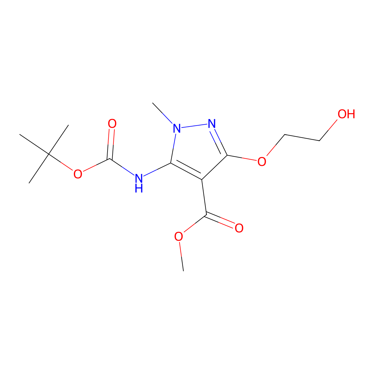 methyl 5-{[(tert-butoxy)carbonyl]amino}-3-(2-hydroxyethoxy)-1-methyl-1H-pyrazole-4-carboxylate molecular structure, CAS 2408969-24-2
