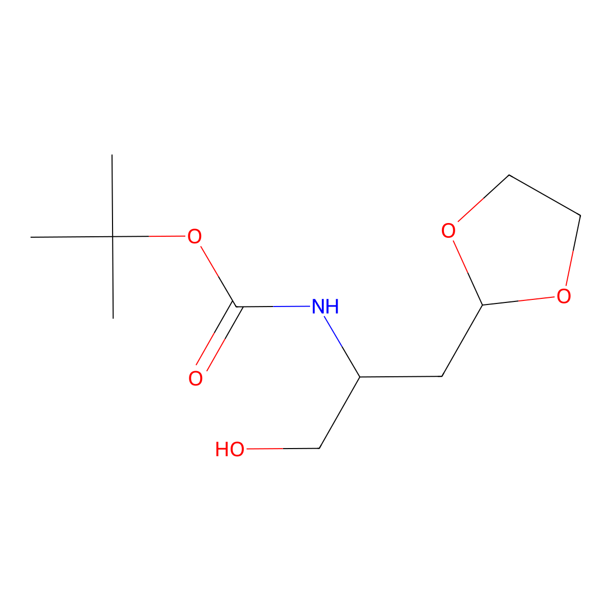 tert-butyl N-[1-(1,3-dioxolan-2-yl)-3-hydroxypropan-2-yl]carbamate molecular structure, CAS 2408970-63-6