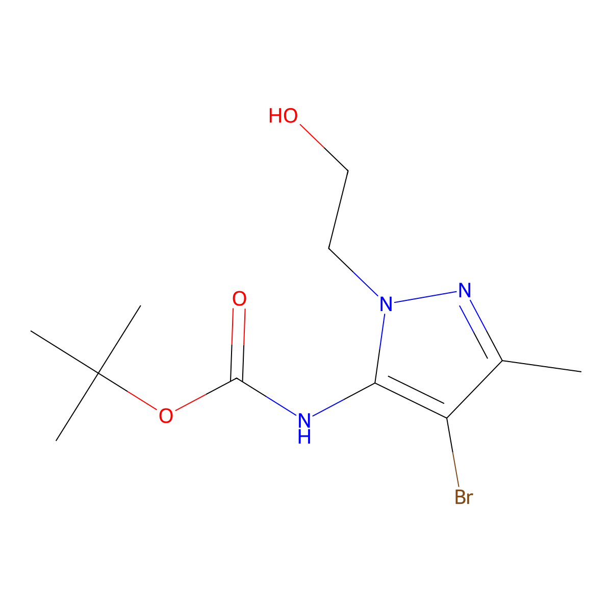 tert-butyl N-[4-bromo-1-(2-hydroxyethyl)-3-methyl-1H-pyrazol-5-yl]carbamate molecular structure, CAS 2408970-82-9
