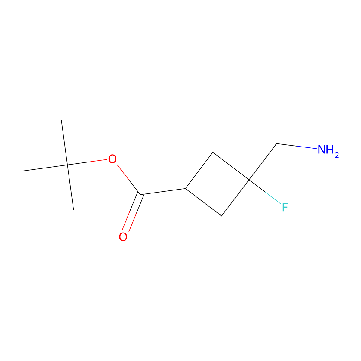 Tert-butyl 3-(aminomethyl)-3-fluorocyclobutane-1-carboxylate molecular structure, CAS 2408971-46-8
