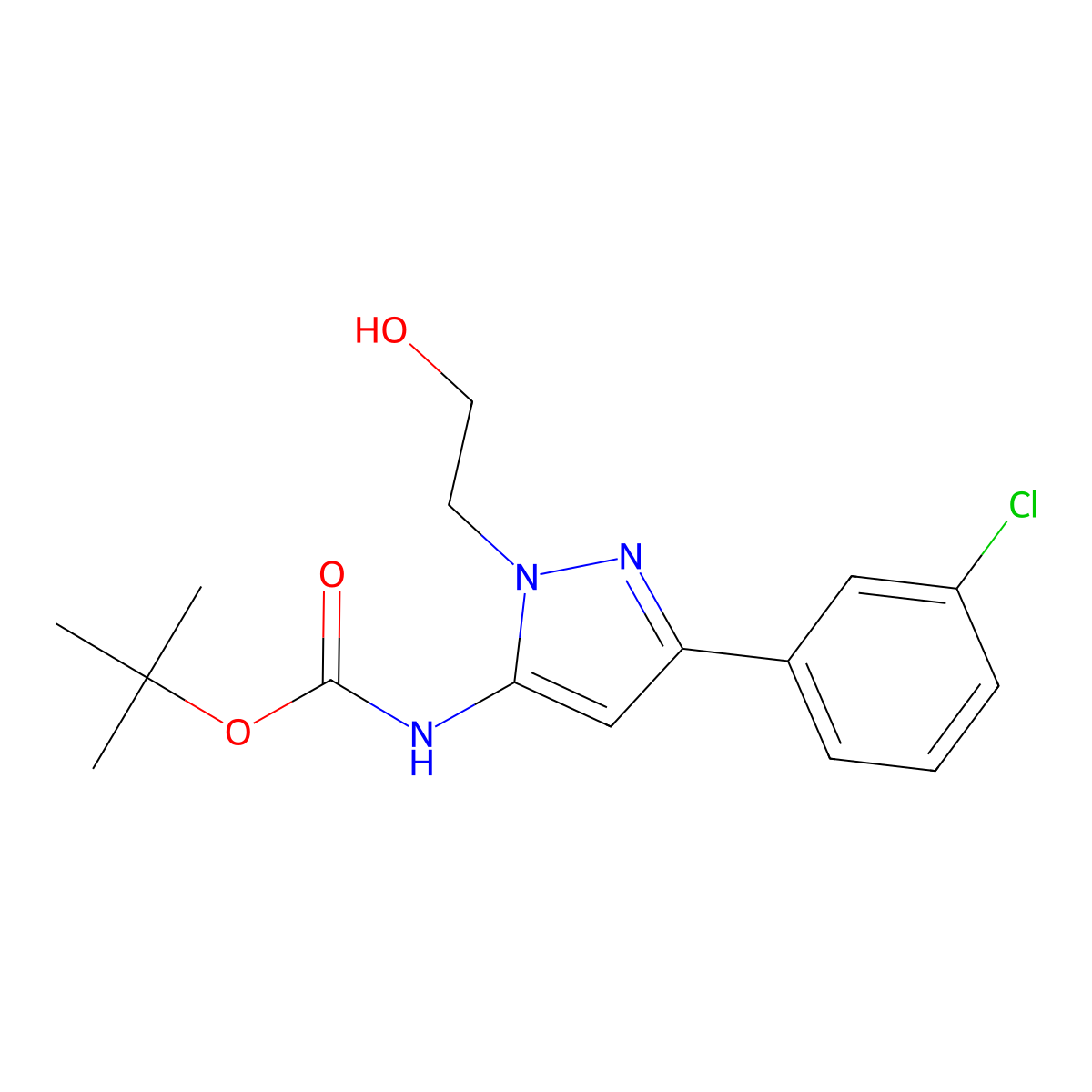 tert-butyl N-[3-(3-chlorophenyl)-1-(2-hydroxyethyl)-1H-pyrazol-5-yl]carbamate molecular structure, CAS 2408971-99-1