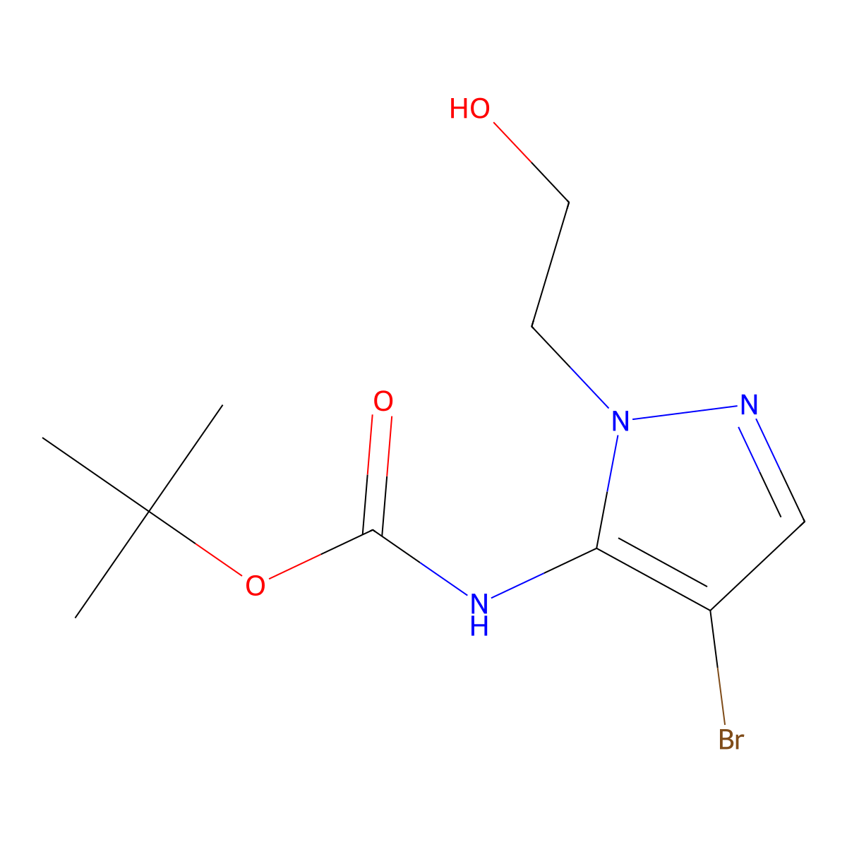 tert-butyl N-[4-bromo-1-(2-hydroxyethyl)-1H-pyrazol-5-yl]carbamate molecular structure, CAS 2408972-32-5