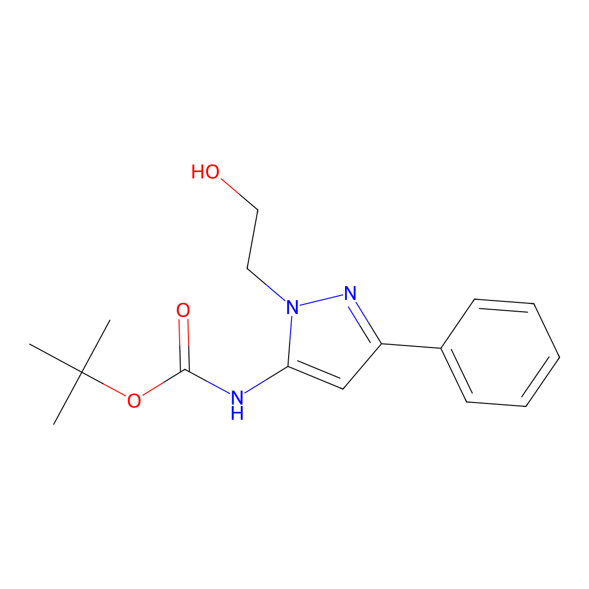 tert-butyl N-[1-(2-hydroxyethyl)-3-phenyl-1H-pyrazol-5-yl]carbamate molecular structure, CAS 2408975-16-4