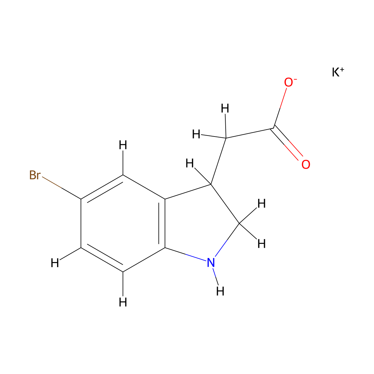 potassium2-(5-bromo-2,3-dihydro-1H-indol-3-yl)acetate molecular structure, CAS 2408975-45-9