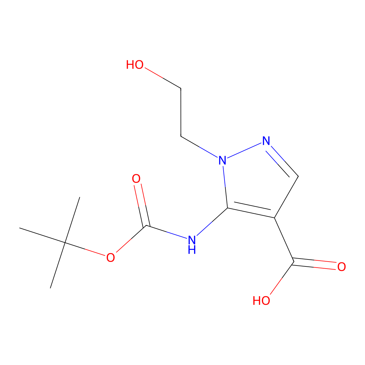 5-{[(tert-butoxy)carbonyl]amino}-1-(2-hydroxyethyl)-1H-pyrazole-4-carboxylic acid molecular structure, CAS 2408975-74-4