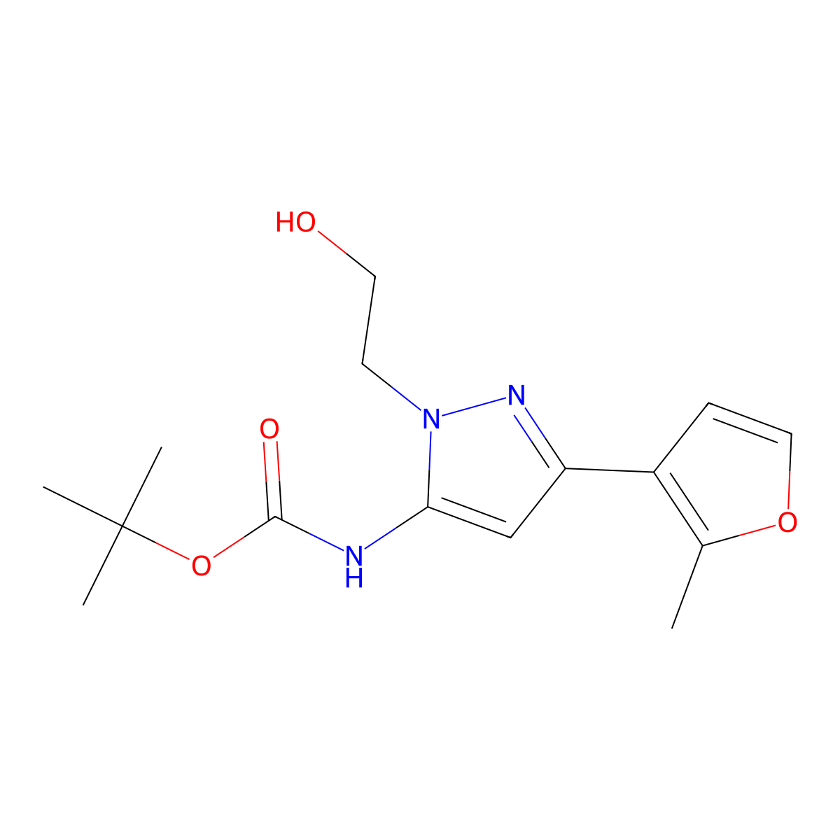 tert-butyl N-[1-(2-hydroxyethyl)-3-(2-methylfuran-3-yl)-1H-pyrazol-5-yl]carbamate molecular structure, CAS 2408975-86-8