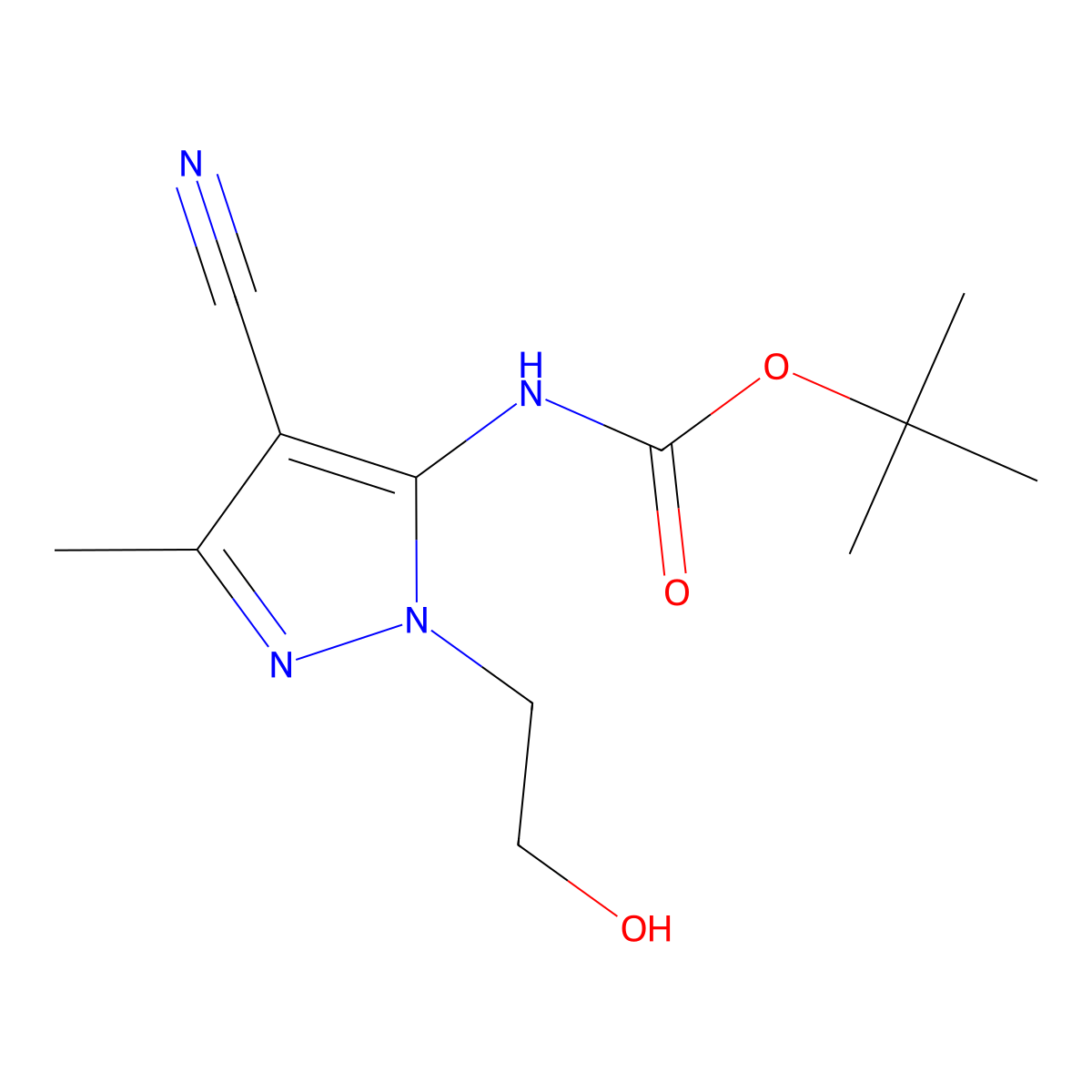 tert-butyl N-[4-cyano-1-(2-hydroxyethyl)-3-methyl-1H-pyrazol-5-yl]carbamate molecular structure, CAS 2408976-08-7