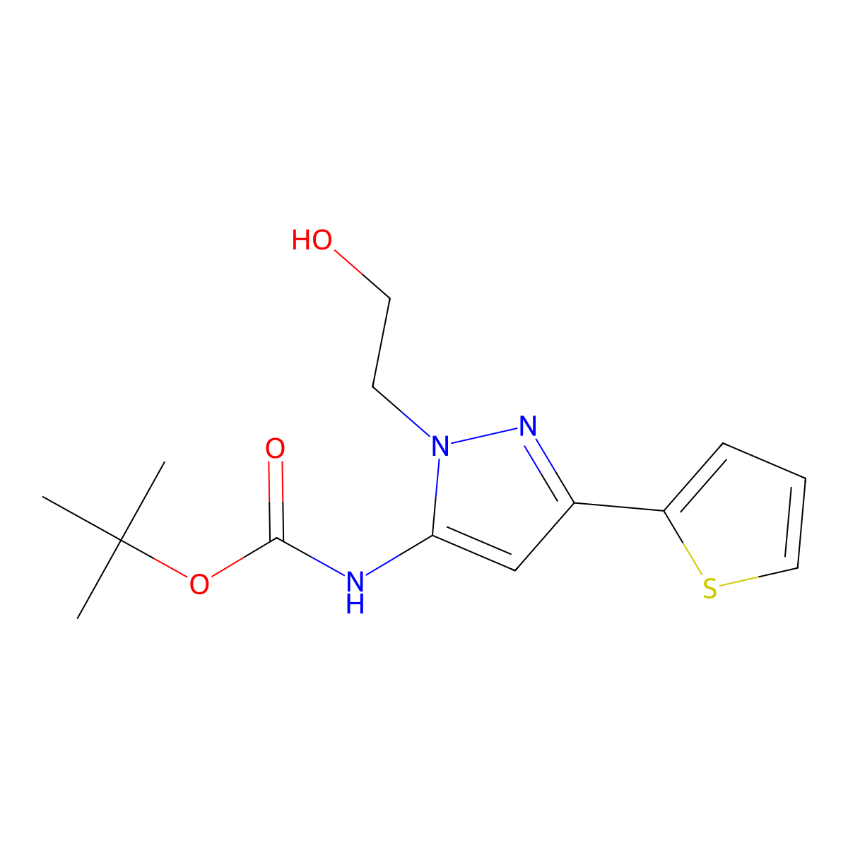 tert-butyl N-[1-(2-hydroxyethyl)-3-(thiophen-2-yl)-1H-pyrazol-5-yl]carbamate molecular structure, CAS 2408976-12-3