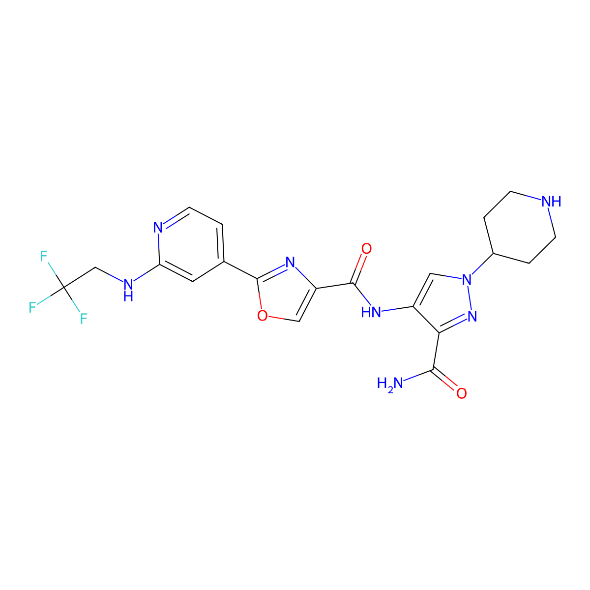 N-(3-Carbamoyl-1-(piperidin-4-yl)-1H-pyrazol-4-yl)-2-(2-((2,2,2-trifluoroethyl)amino)pyridin-4-yl)oxazole-4-carboxamide molecular structure, CAS 2409048-89-9
