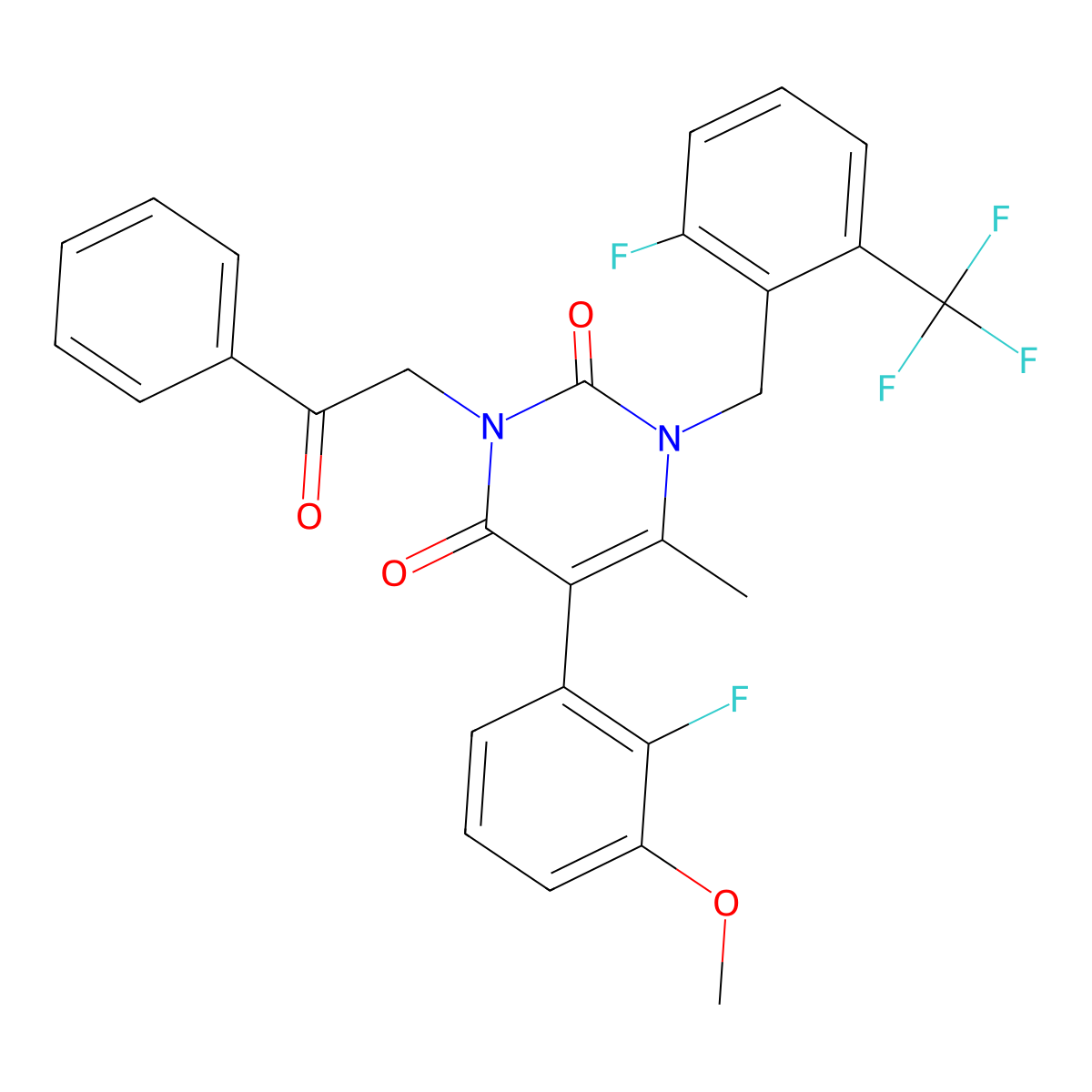 5-(2-fluoro-3-methoxyphenyl)-1-(2-fluoro-6-(trifluoromethyl)benzyl)-6-methyl-3-(2-oxo-2-phenylethyl)pyrimidine-2,4(1H,3H)-dione molecular structure, CAS 2409132-61-0