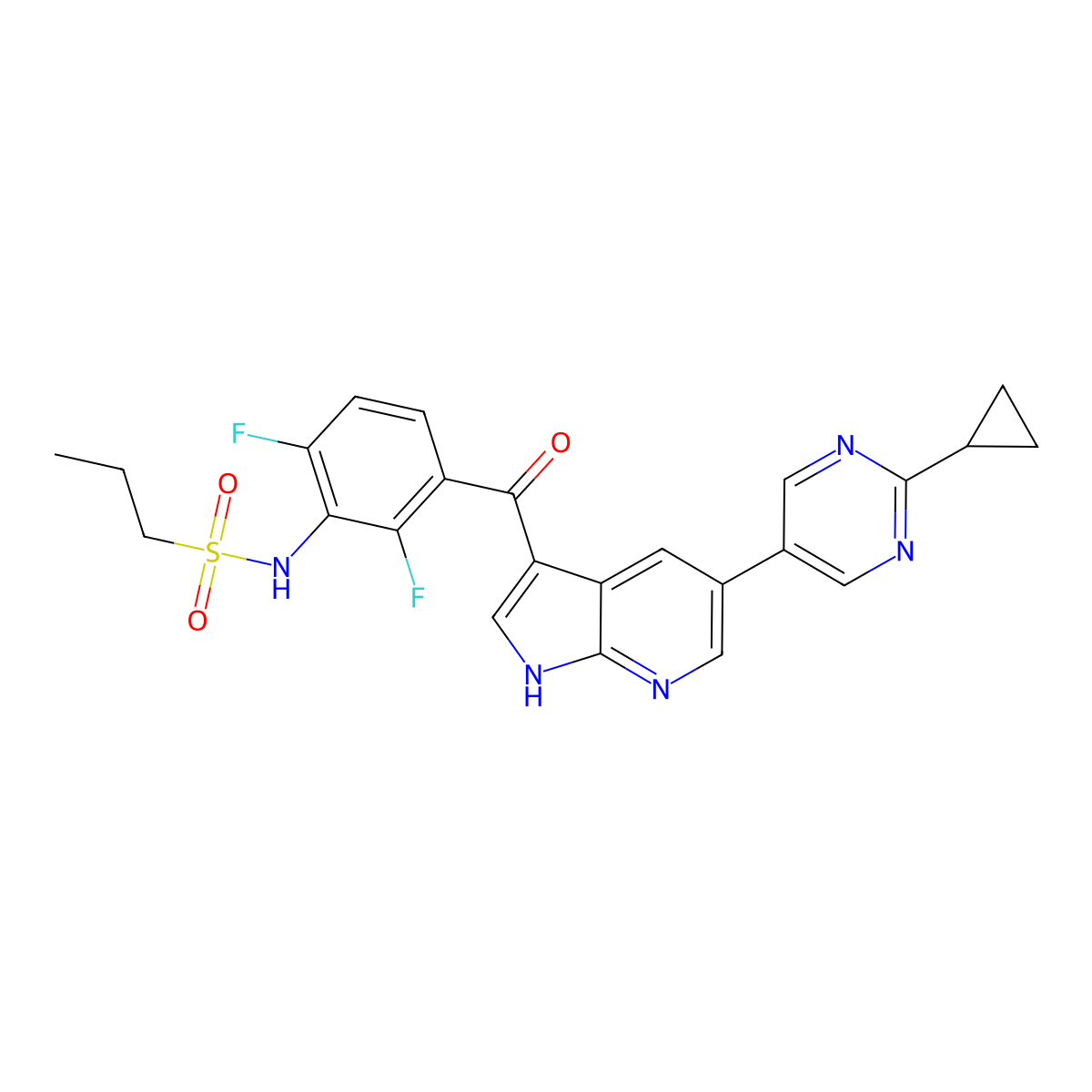 N-[3-[5-(2-cyclopropylpyrimidin-5-yl)-1H-pyrrolo[2,3-b]pyridine-3-carbonyl]-2,6-difluorophenyl]propane-1-sulfonamide molecular structure, CAS 2409140-12-9