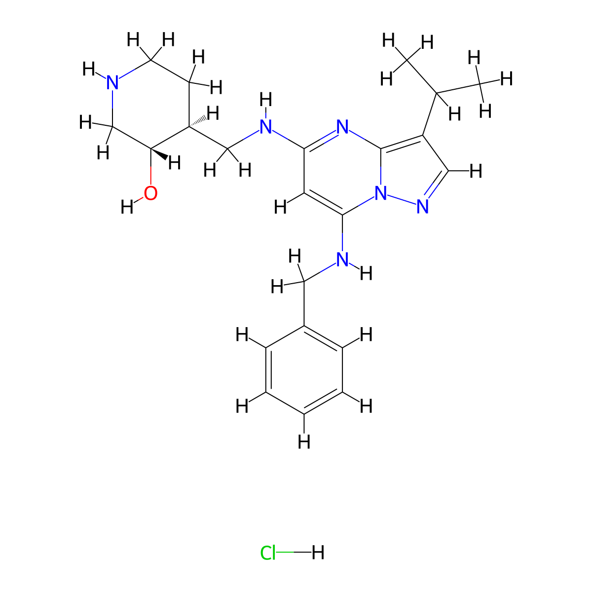 (3S,4S)-4-(((7-(benzylamino)-3-isopropylpyrazolo[1,5-a]pyrimidin-5-yl)amino)methyl)piperidin-3-ol hydrochloride molecular structure, CAS 2409589-86-0