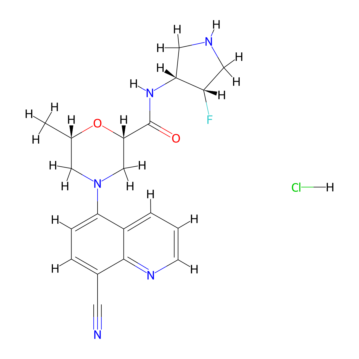 (2S,6S)-4-(8-cyanoquinolin-5-yl)-N-((3R,4S)-4-fluoropyrrolidin-3-yl)-6-methylmorpholine-2-carboxamide hydrochloride molecular structure, CAS 2409590-04-9