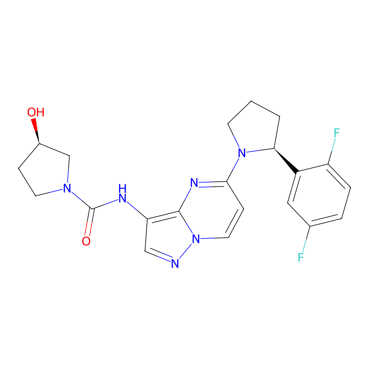 (R)-N-(5-((S)-2-(2,5-difluorophenyl)pyrrolidin-1-yl)pyrazolo[1,5-a]pyrimidin-3-yl)-3-hydroxypyrrolidine-1-carboxamide molecular structure, CAS 2409590-08-3