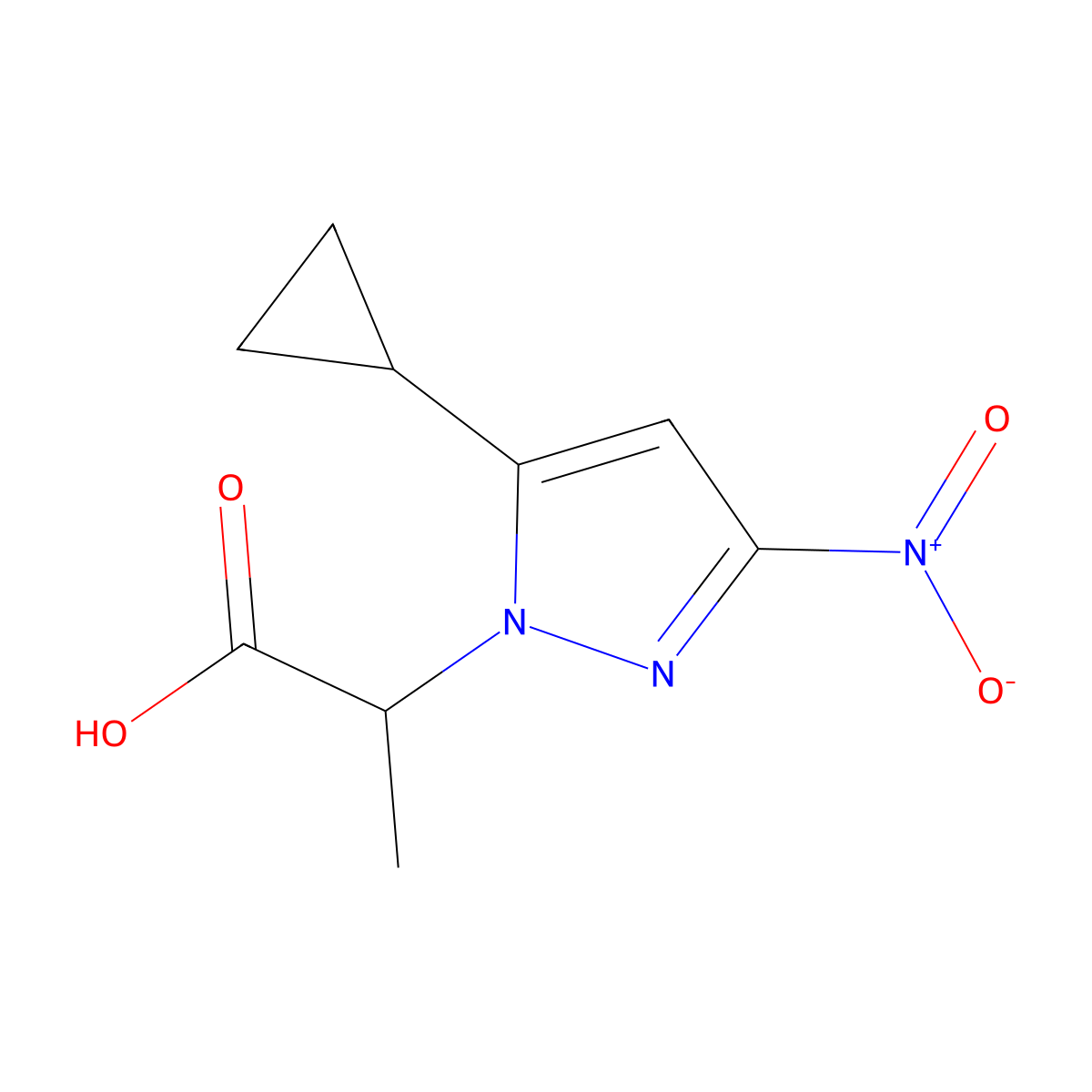 2-(5-cyclopropyl-3-nitro-1H-pyrazol-1-yl)propanoic acid molecular structure, CAS 2409784-93-4