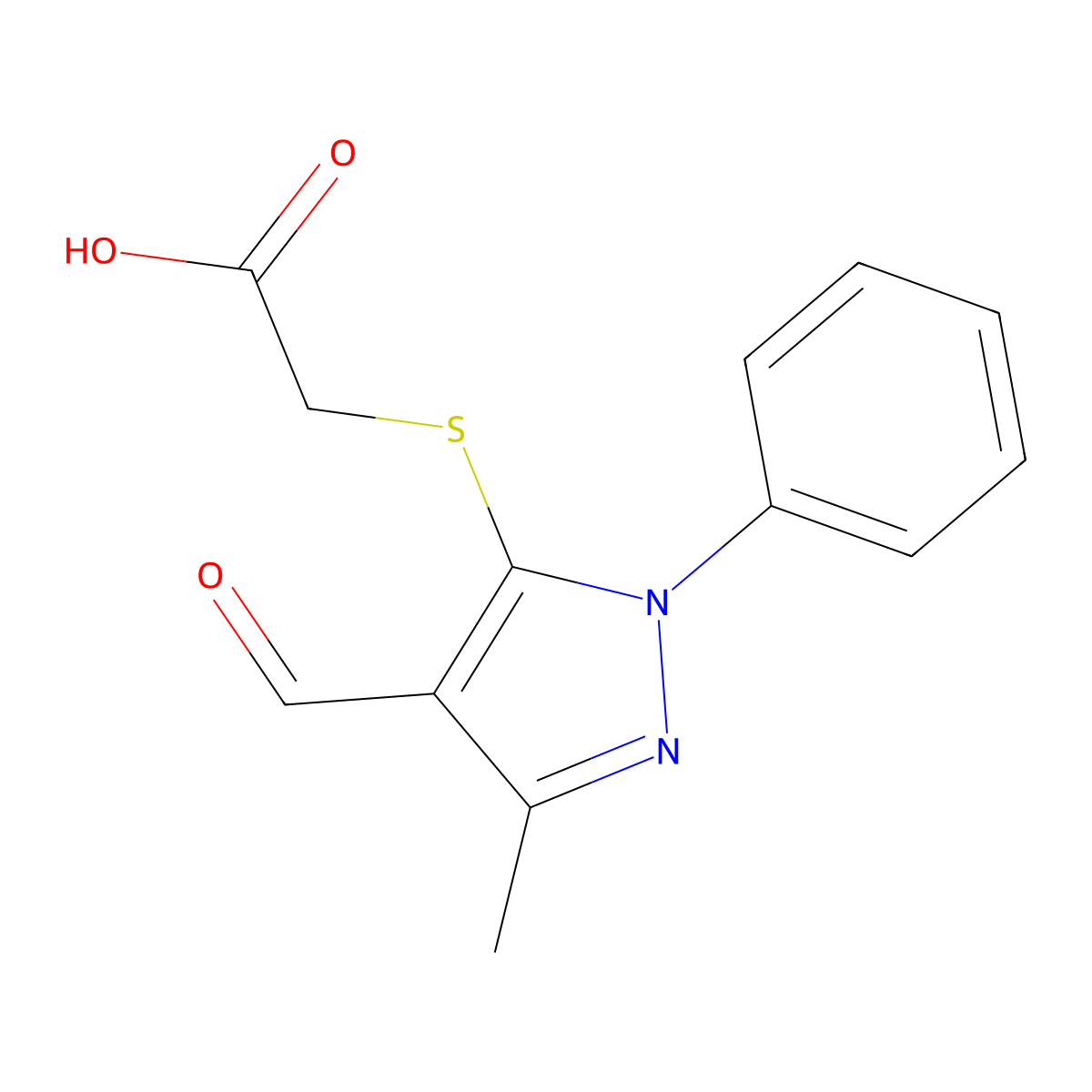[(4-Formyl-3-methyl-1-phenyl-1H-pyrazol-5-yl)thio]acetic acid molecular structure, CAS 24099-02-3
