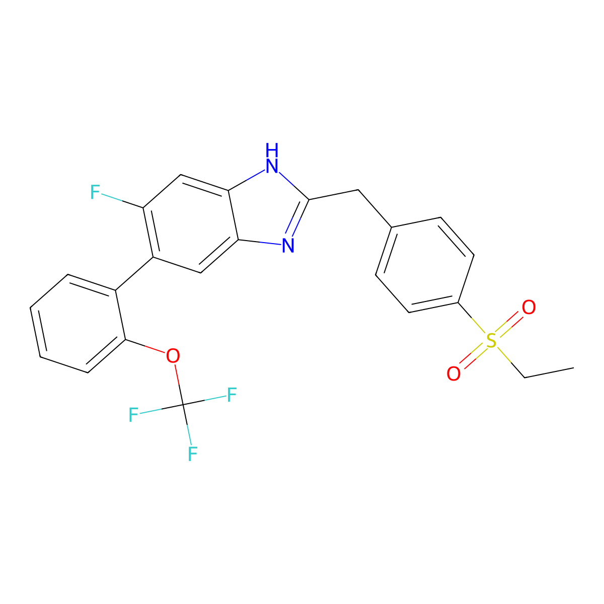 2-[(4-ethylsulfonylphenyl)methyl]-6-fluoro-5-[2-(trifluoromethoxy)phenyl]-1H-benzimidazole molecular structure, CAS 2410406-94-7