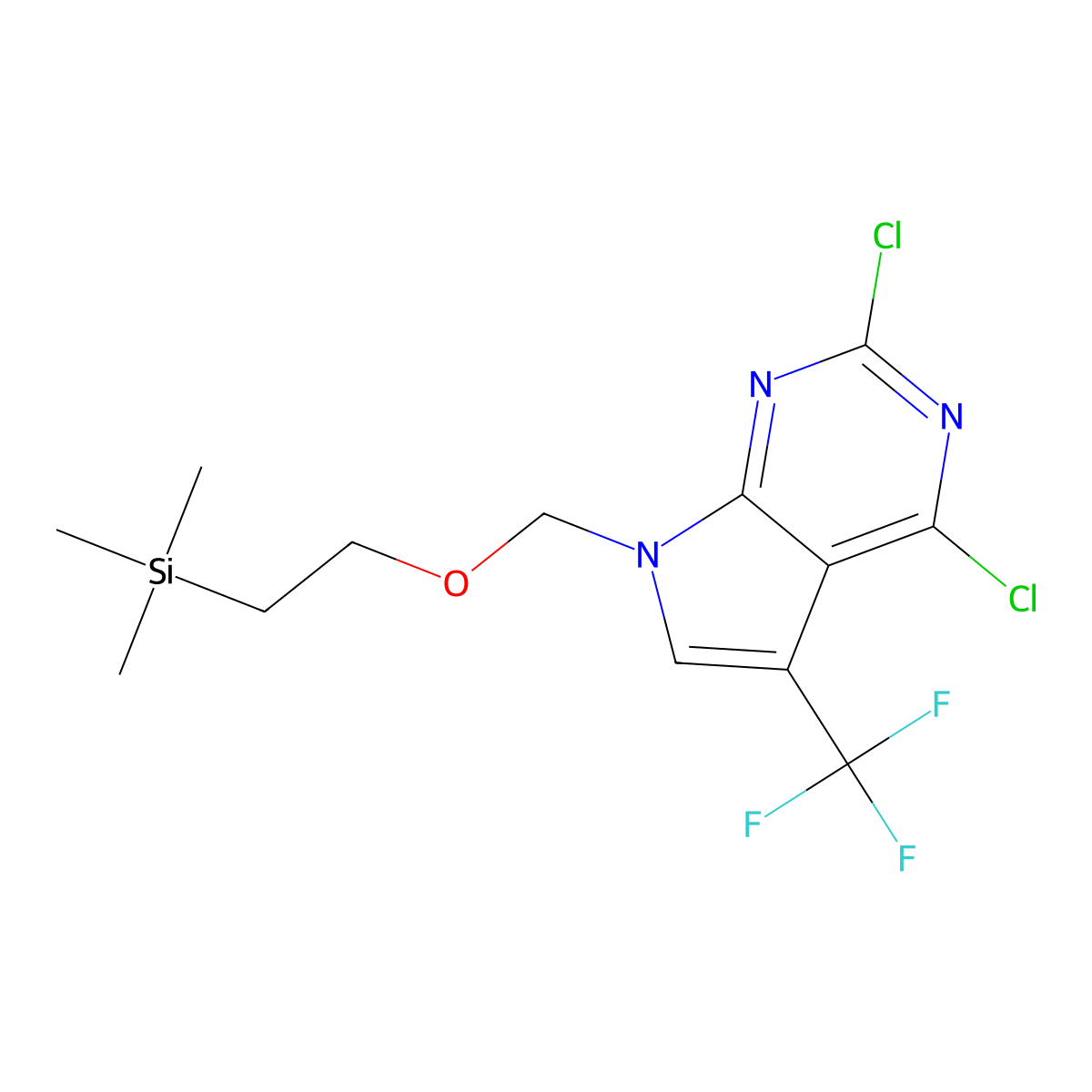 2,4-dichloro-5-(trifluoromethyl)-7-{[2-(trimethylsilyl)ethoxy]methyl}-7H-pyrrolo[2,3-d]pyrimidine molecular structure, CAS 2410523-14-5