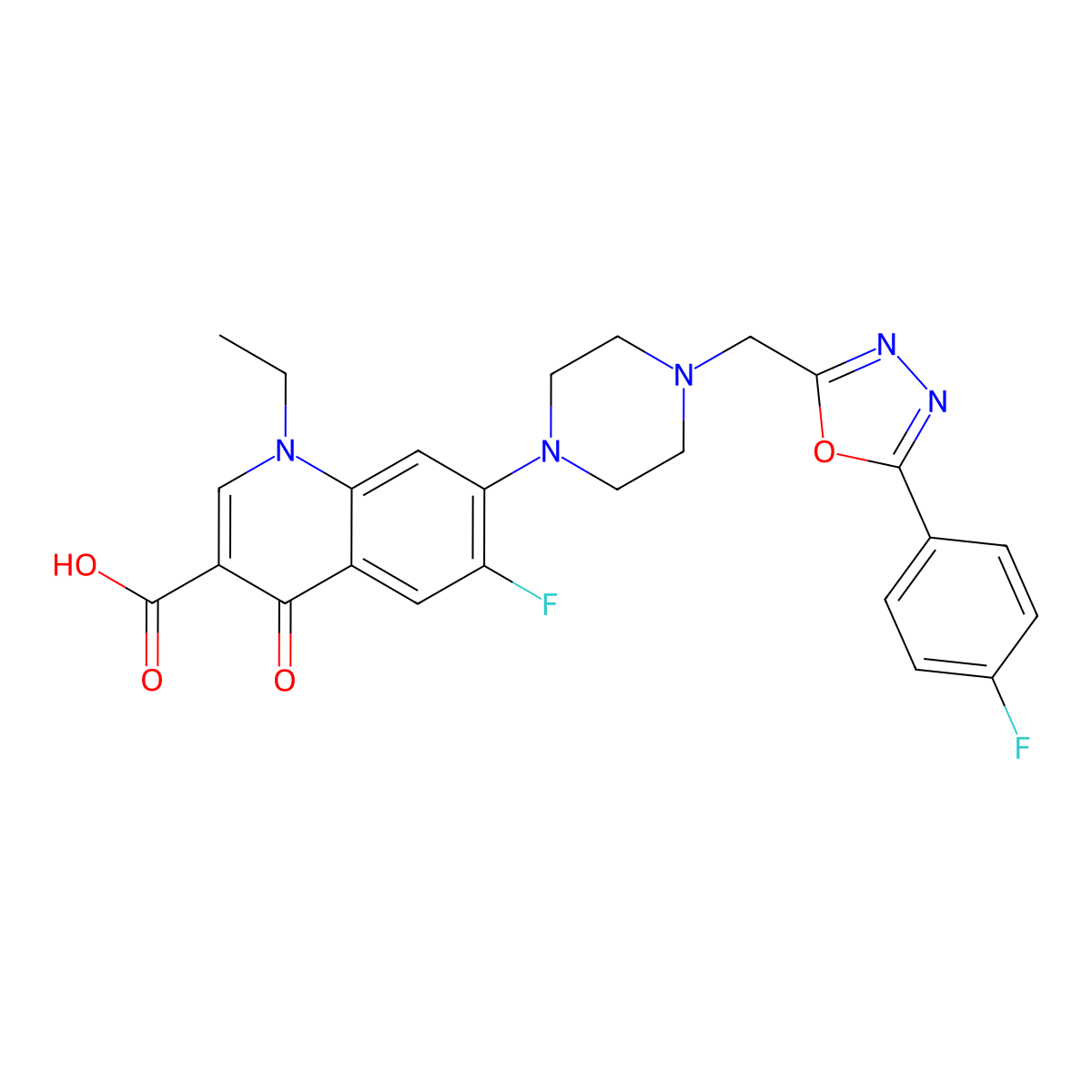 1-Ethyl-6-fluoro-7-(4-{[5-(4-fluorophenyl)-1,3,4-oxadiazol-2-yl]methyl}piperazin-1-yl)-4-oxo-1,4-dihydroquinoline-3-carboxylic acid molecular structure, CAS 2410598-56-8