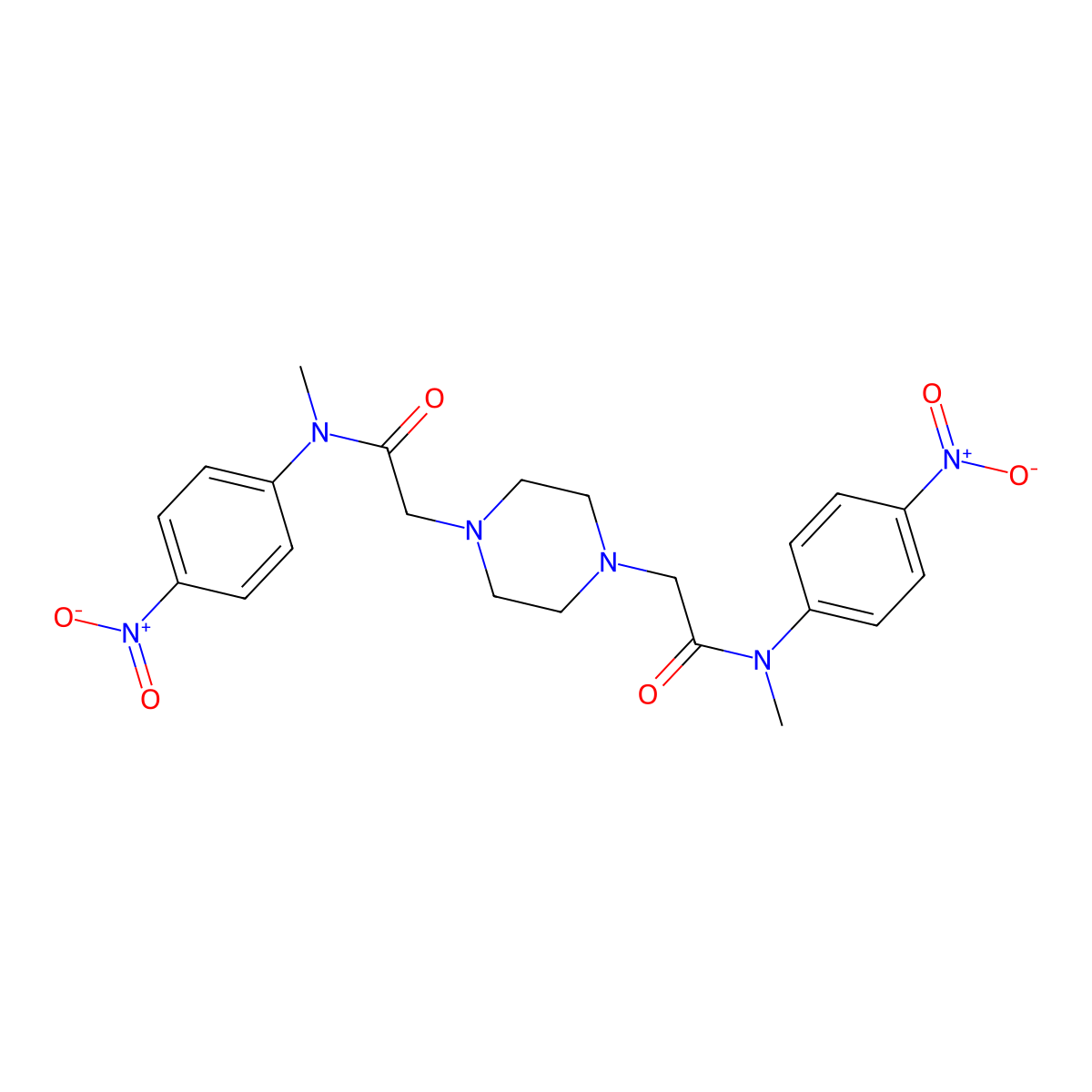 2,2'-(Piperazine-1,4-diyl)bis(N-methyl-N-(4-nitrophenyl)acetamide) (Nintedanib Impurity) molecular structure, CAS 2410649-54-4