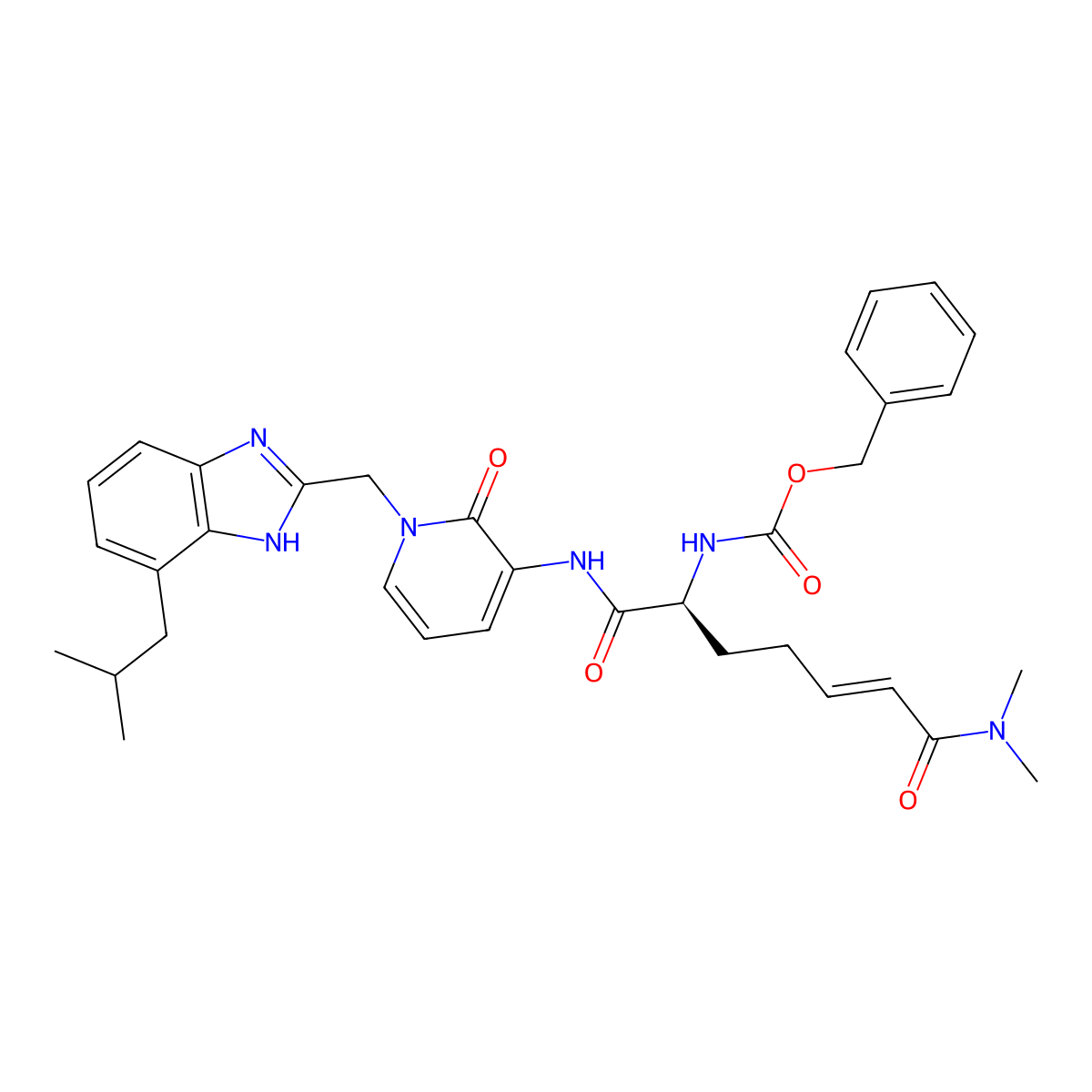 benzyl N-[(E,2S)-7-(dimethylamino)-1-[[1-[[4-(2-methylpropyl)-1H-benzimidazol-2-yl]methyl]-2-oxo-3-pyridinyl]amino]-1,7-dioxohept-5-en-2-yl]carbamate molecular structure, CAS 2410899-01-1