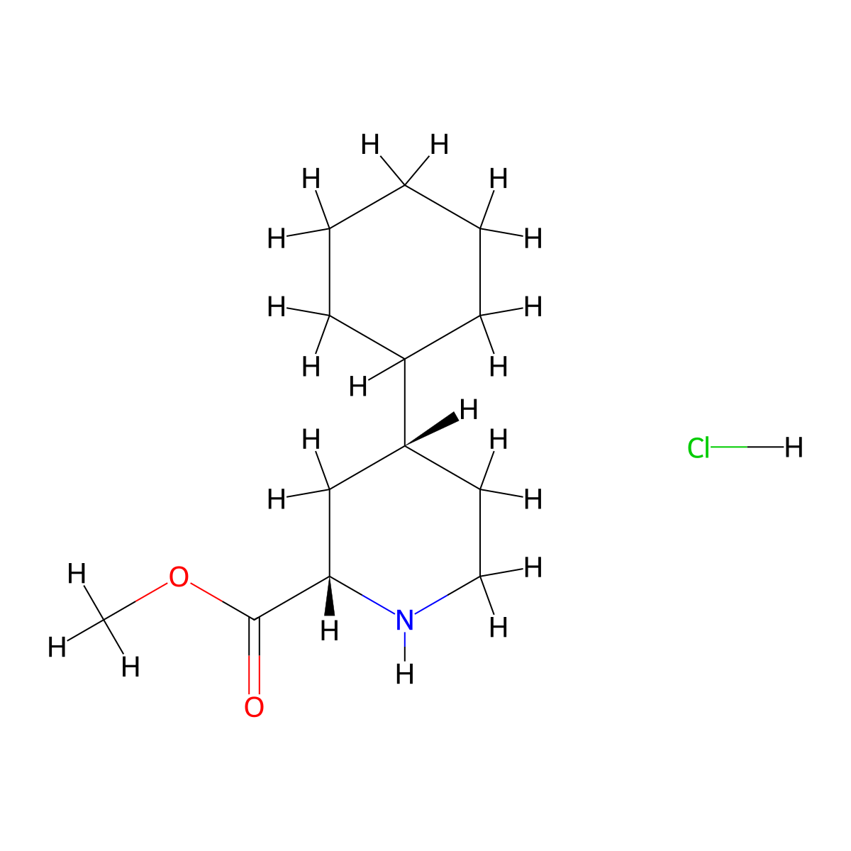 rac-methyl (2R,4S)-4-cyclohexylpiperidine-2-carboxylate hydrochloride, cis molecular structure, CAS 2411177-91-6