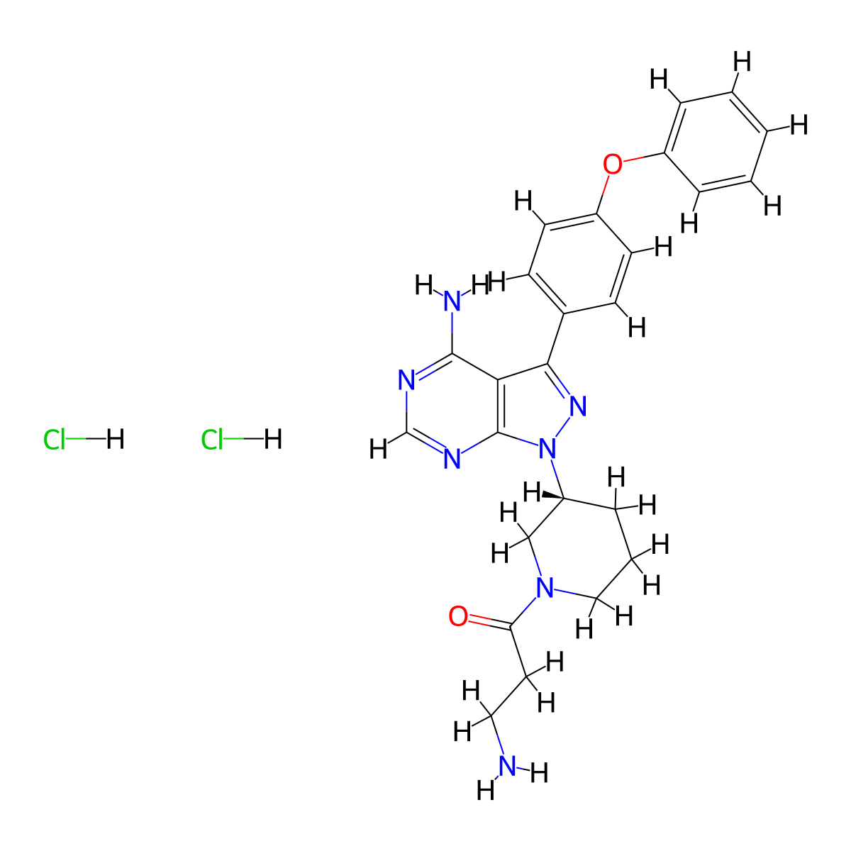 3-amino-1-((3R)-3-(4-amino-3-(4-phenoxyphenyl)-1H-pyrazolo(3,4-d)pyrimidin-1-yl)piperidin-1-yl)propan-1-one dihydrochloride molecular structure, CAS 2411178-94-2