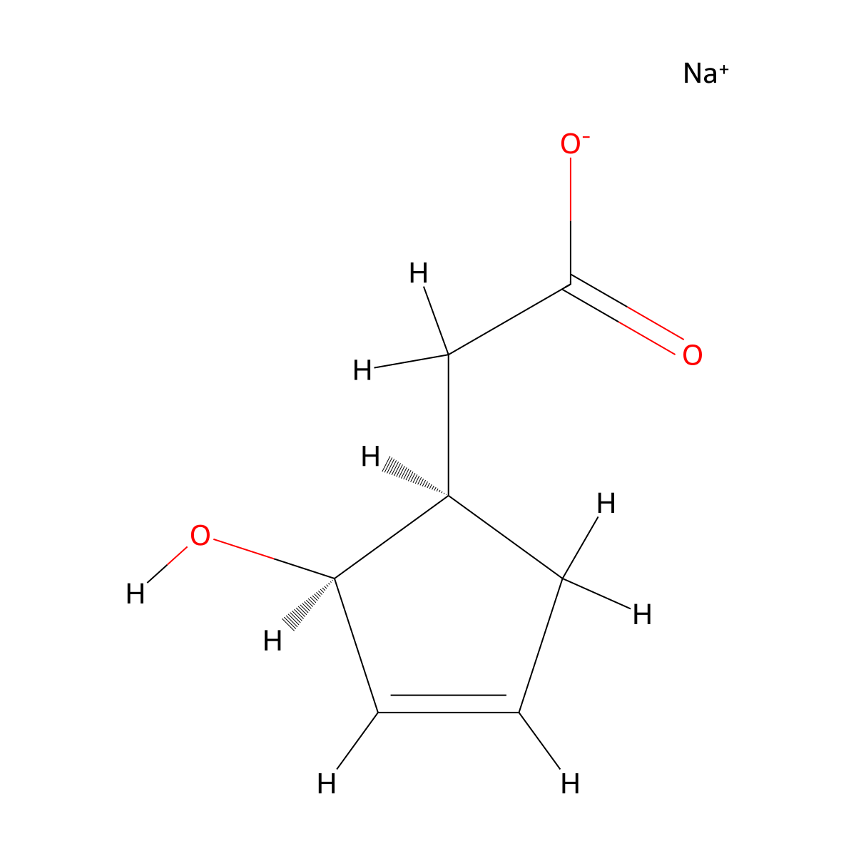 rac-sodium 2-[(1R,2S)-2-hydroxycyclopent-3-en-1-yl]acetate, cis molecular structure, CAS 2411181-36-5