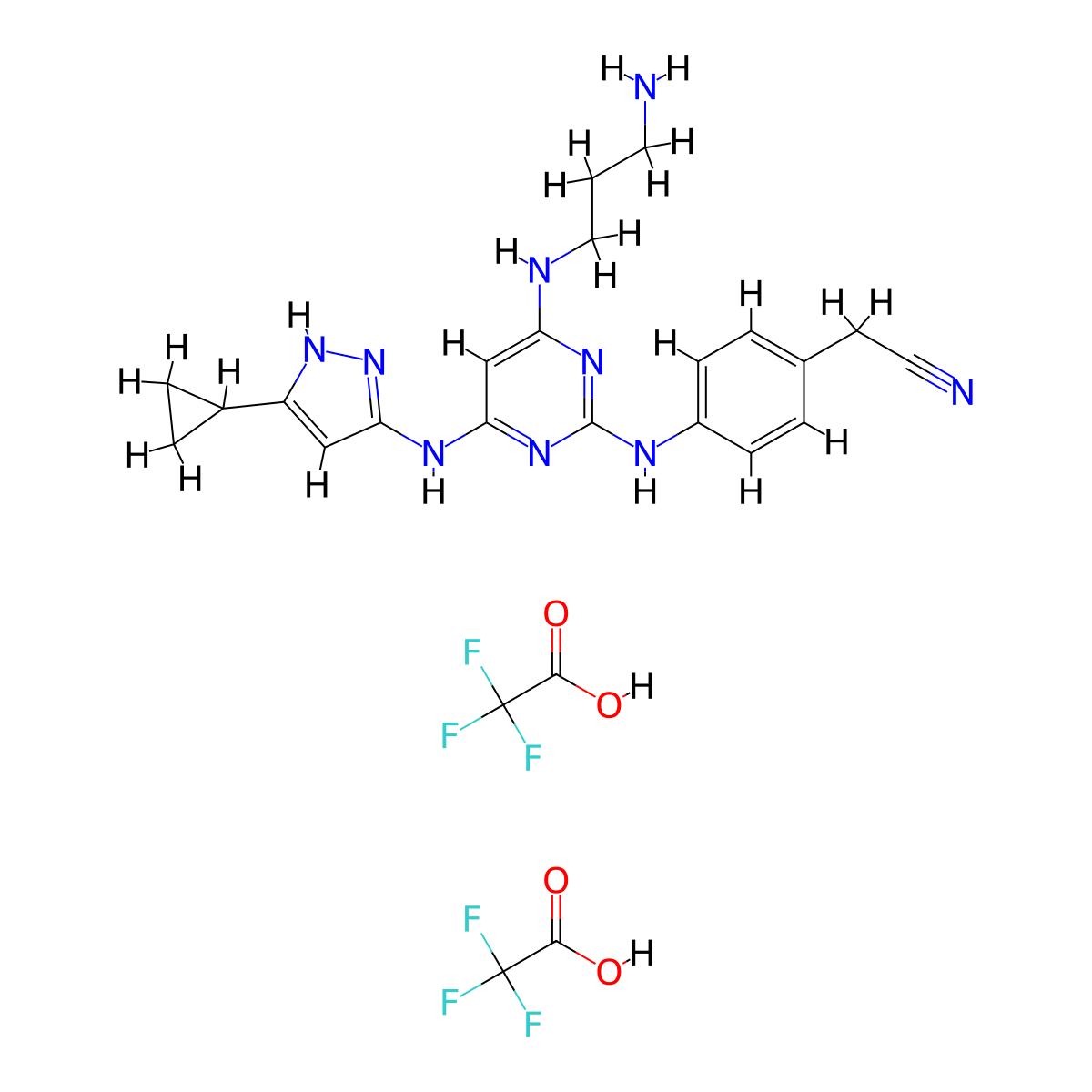 2-(4-((4-((3-aminopropyl)amino)-6-((5-cyclopropyl-1H-pyrazol-3-yl)amino)pyrimidin-2-yl)amino)phenyl)acetonitrile; bis(trifluoroacetic acid) molecular structure, CAS 2411195-73-6