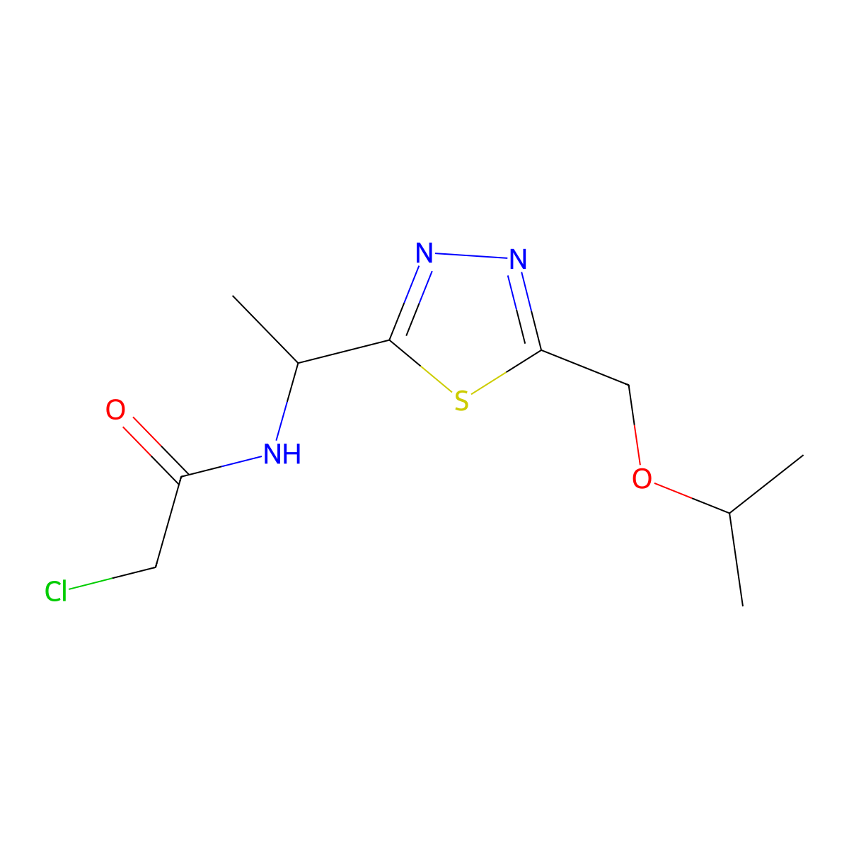 2-chloro-N-(1-{5-[(propan-2-yloxy)methyl]-1,3,4-thiadiazol-2-yl}ethyl)acetamide molecular structure, CAS 2411218-75-0