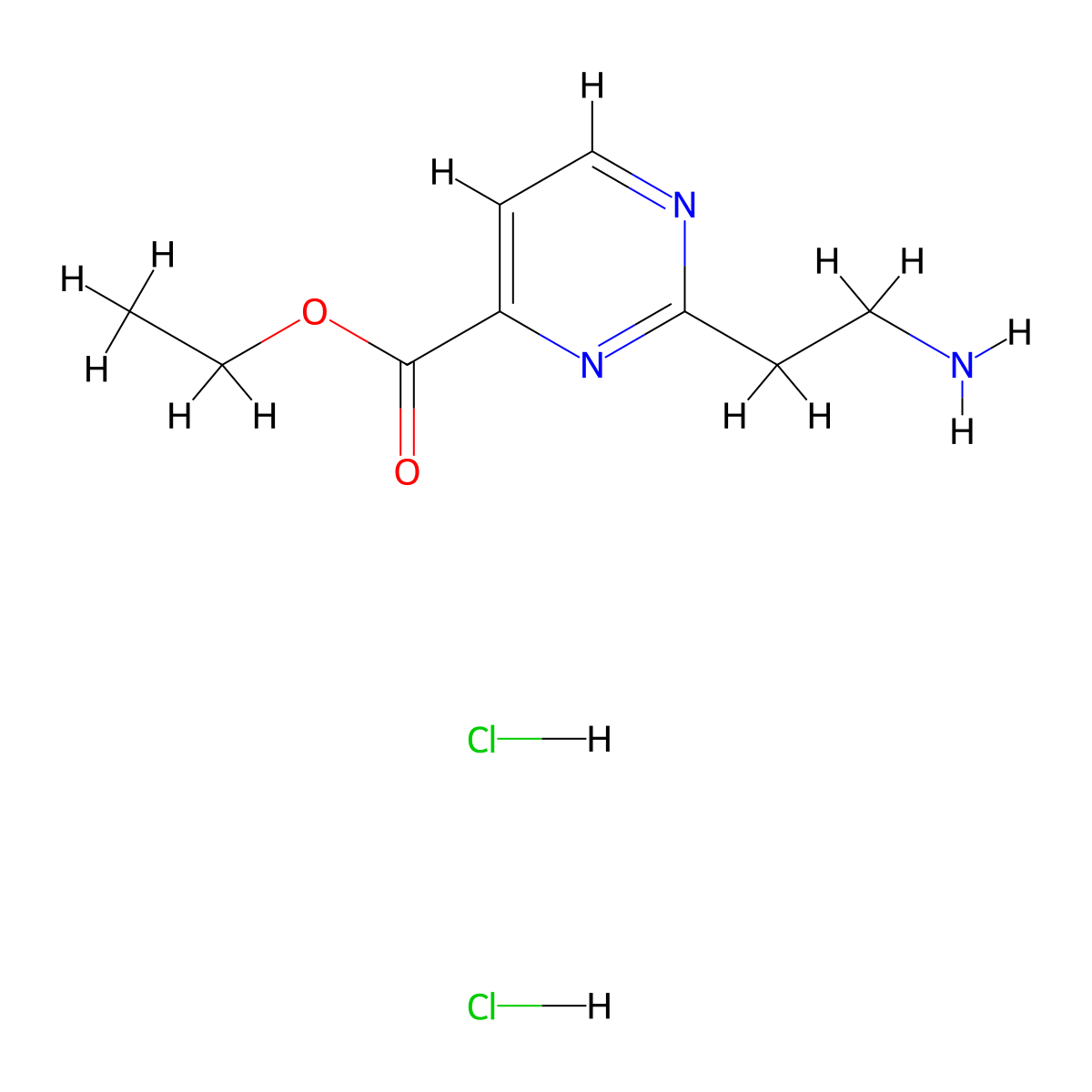 Ethyl 2-(2-aminoethyl)pyrimidine-4-carboxylate dihydrochloride molecular structure, CAS 2411227-39-7