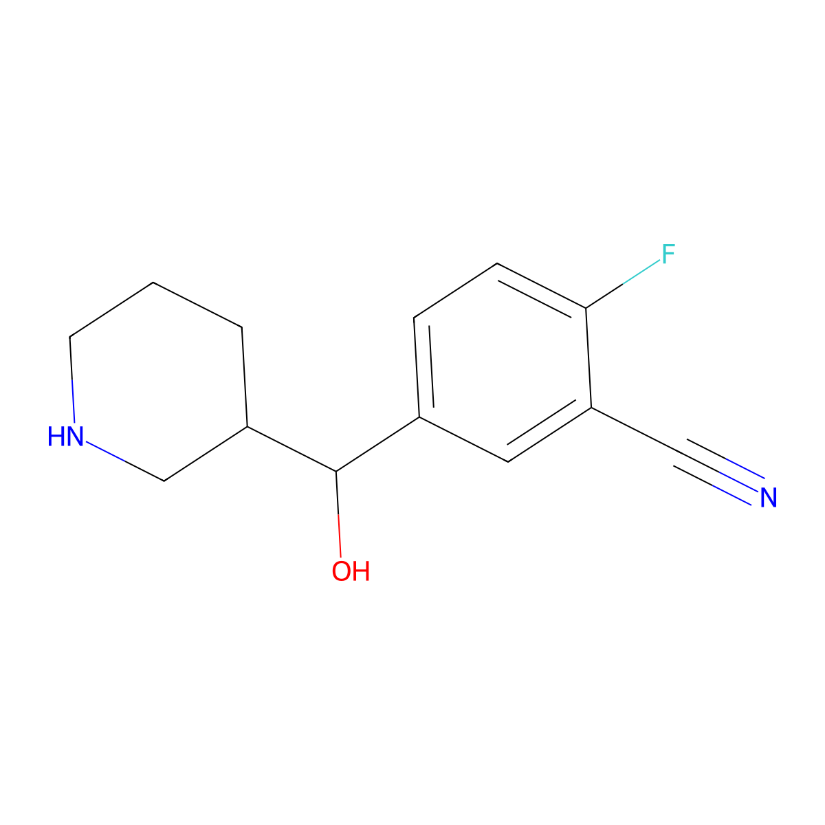 2-Fluoro-5-[hydroxy(piperidin-3-yl)methyl]benzonitrile molecular structure, CAS 2411239-18-2