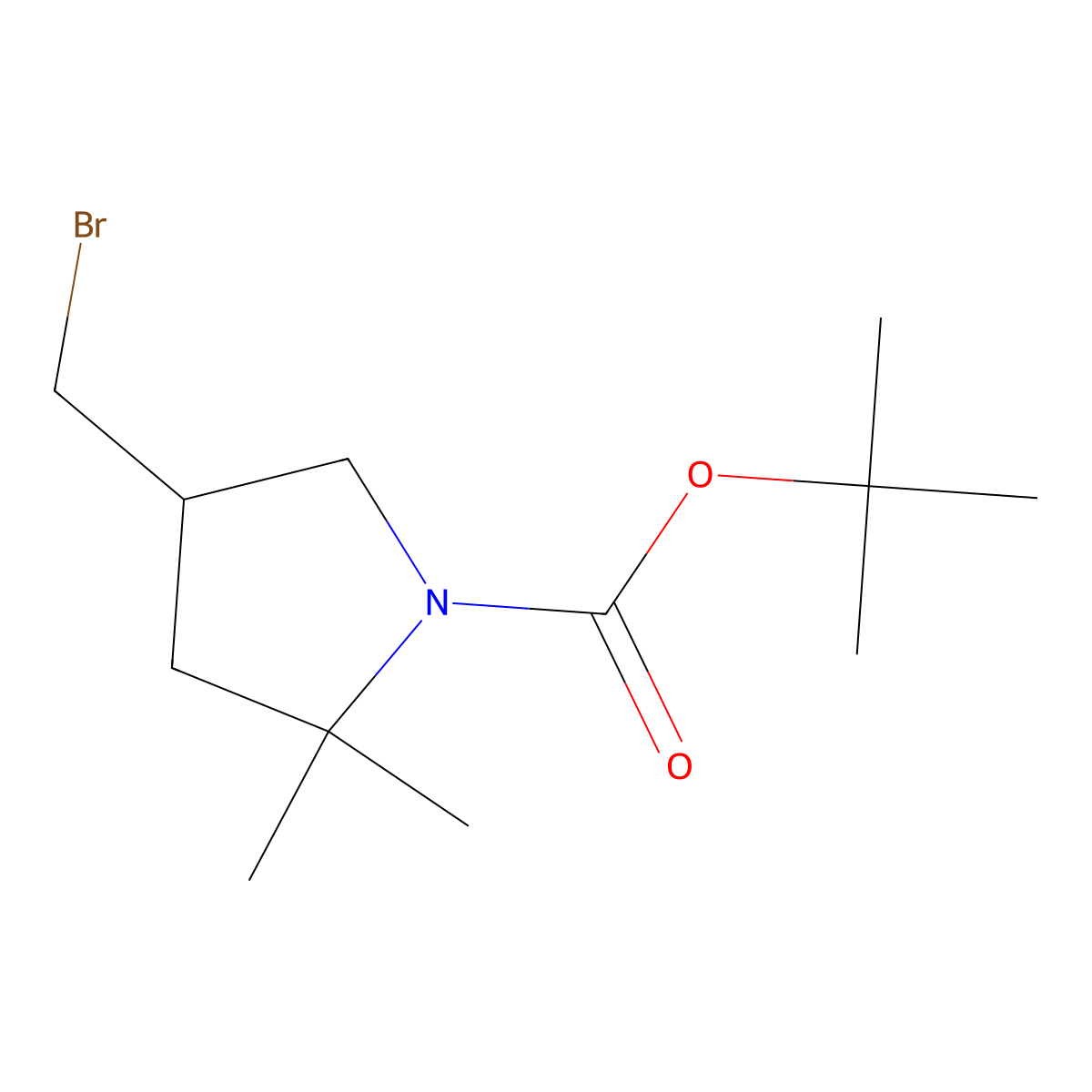 Tert-butyl 4-(bromomethyl)-2,2-dimethylpyrrolidine-1-carboxylate molecular structure, CAS 2411246-10-9