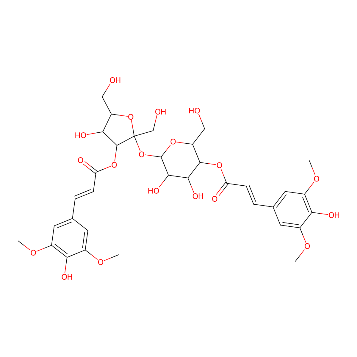 [4,5-Dihydroxy-6-[4-hydroxy-3-[3-(4-hydroxy-3,5-dimethoxyphenyl)prop-2-enoyloxy]-2,5-bis(hydroxymethyl)oxolan-2-yl]oxy-2-(hydroxymethyl)oxan-3-yl] 3-(4-hydroxy-3,5-dimethoxyphenyl)prop-2-enoate molecular structure, CAS 241125-73-5