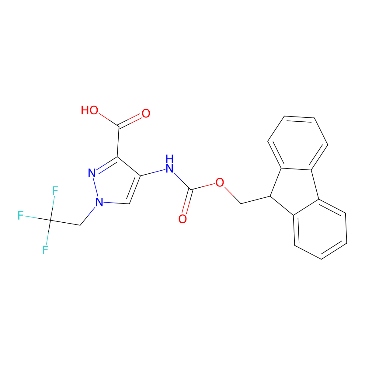 4-((((9H-fluoren-9-yl)methoxy)carbonyl)amino)-1-(2,2,2-trifluoroethyl)-1H-pyrazole-3-carboxylic acid molecular structure, CAS 2411250-33-2