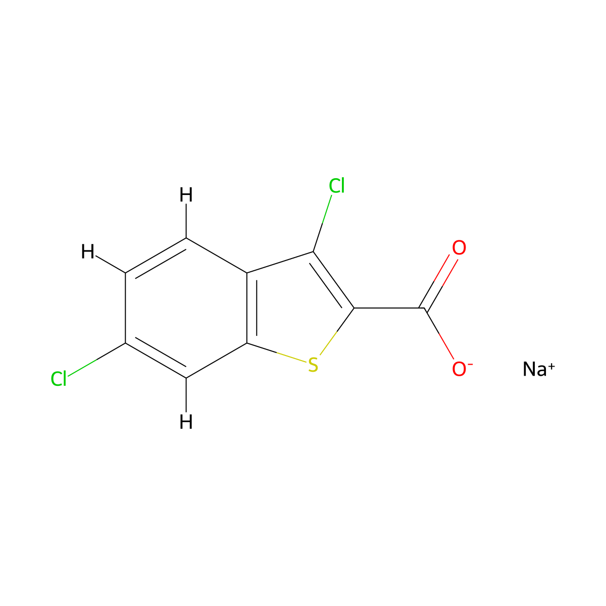 Sodium 3,6-dichloro-1-benzothiophene-2-carboxylate molecular structure, CAS 2411257-14-0