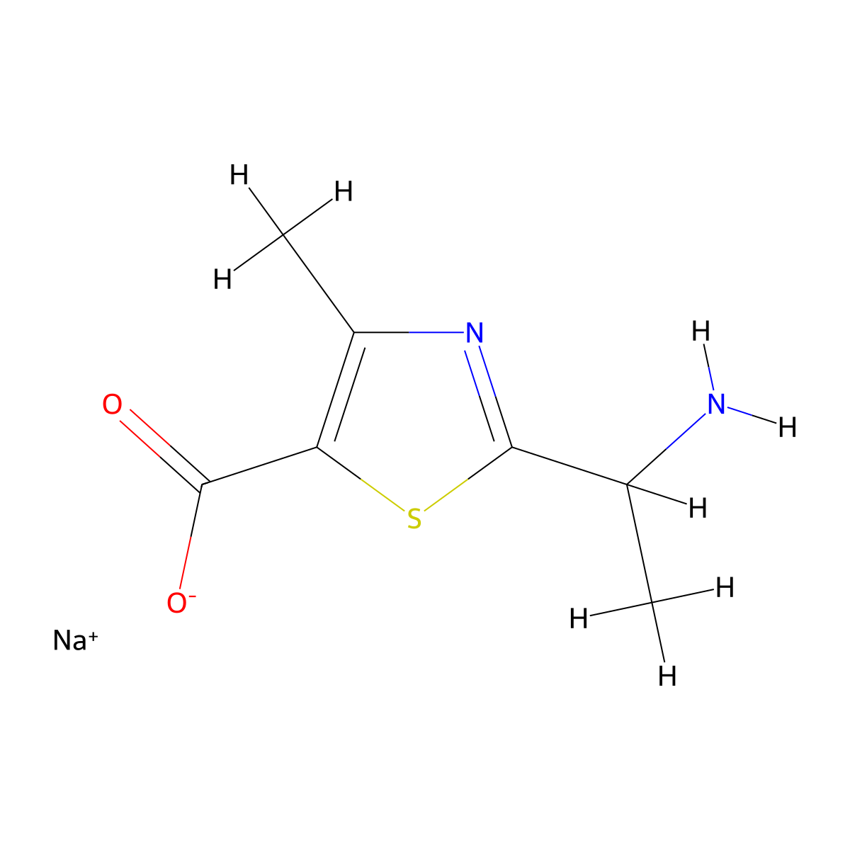 Sodium 2-(1-aminoethyl)-4-methyl-1,3-thiazole-5-carboxylate molecular structure, CAS 2411266-24-3