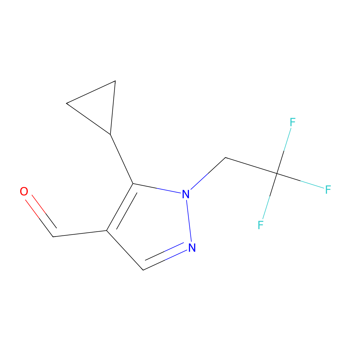 5-cyclopropyl-1-(2,2,2-trifluoroethyl)-1H-pyrazole-4-carbaldehyde molecular structure, CAS 2411271-77-5