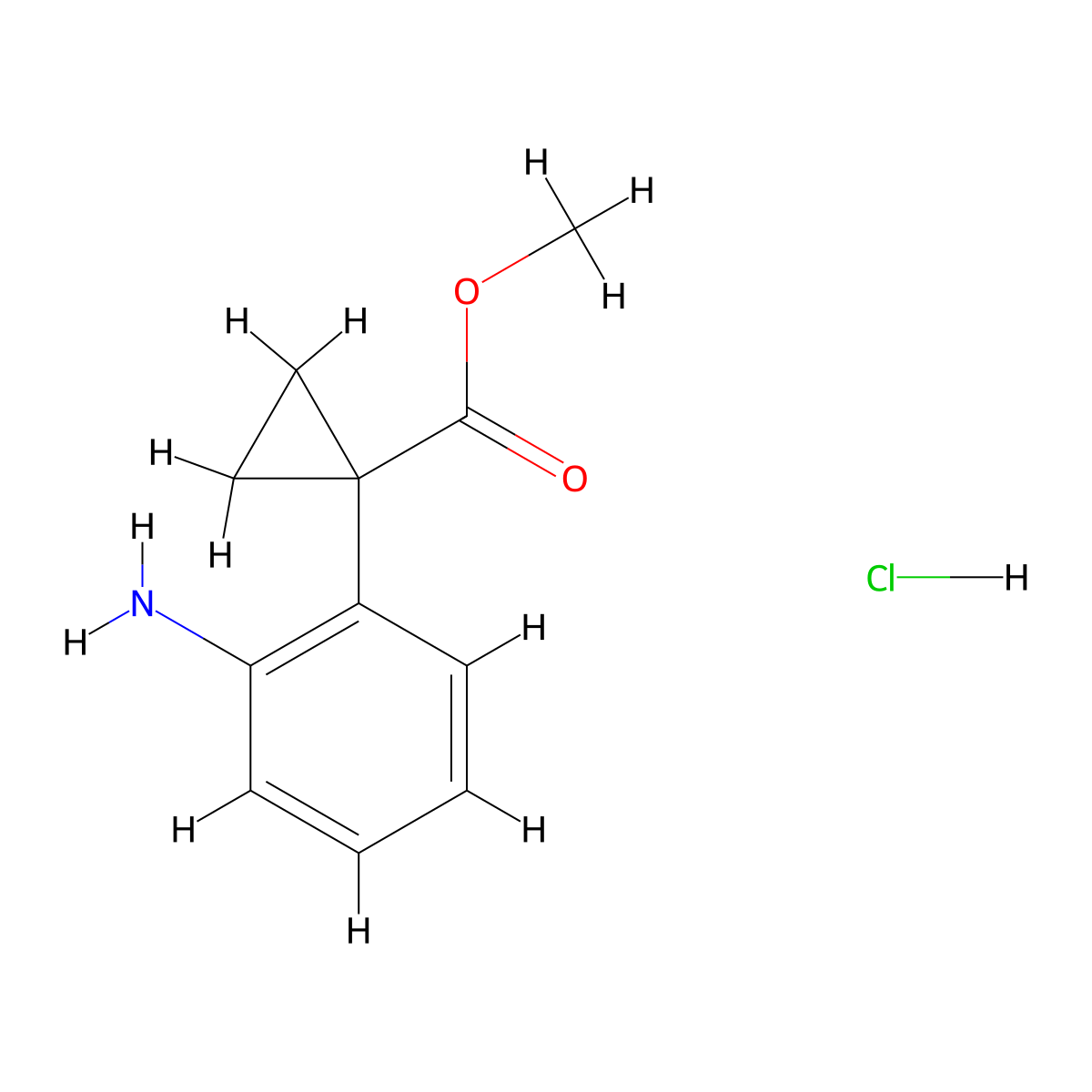 Methyl 1-(2-aminophenyl)cyclopropane-1-carboxylate hydrochloride molecular structure, CAS 2411275-20-0