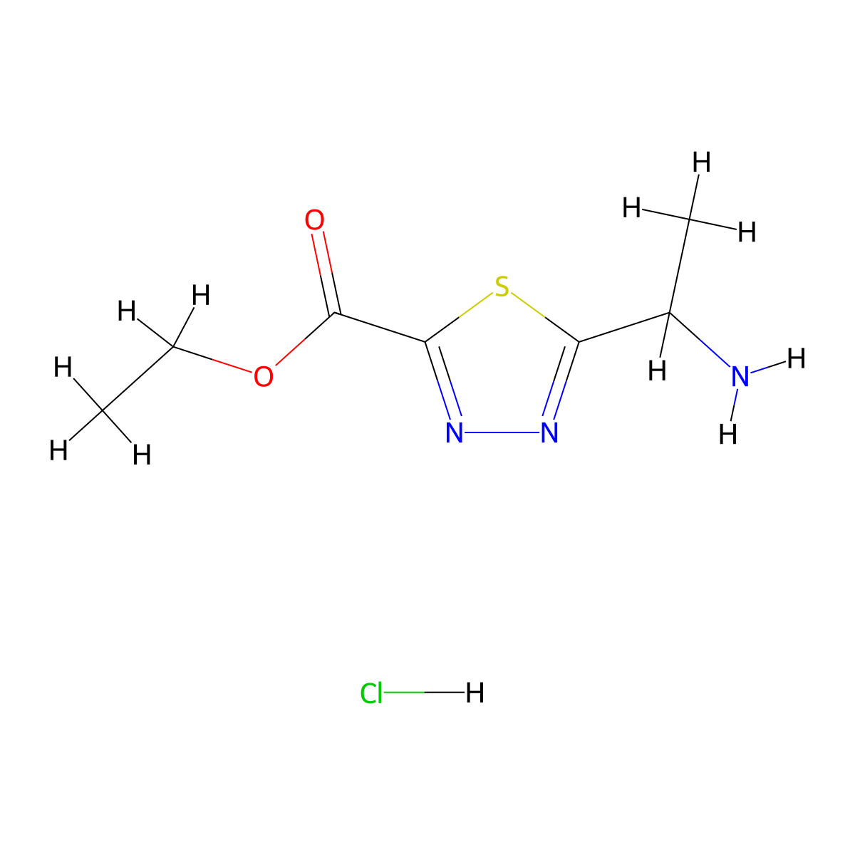 Ethyl 5-(1-aminoethyl)-1,3,4-thiadiazole-2-carboxylate hydrochloride molecular structure, CAS 2411296-78-9