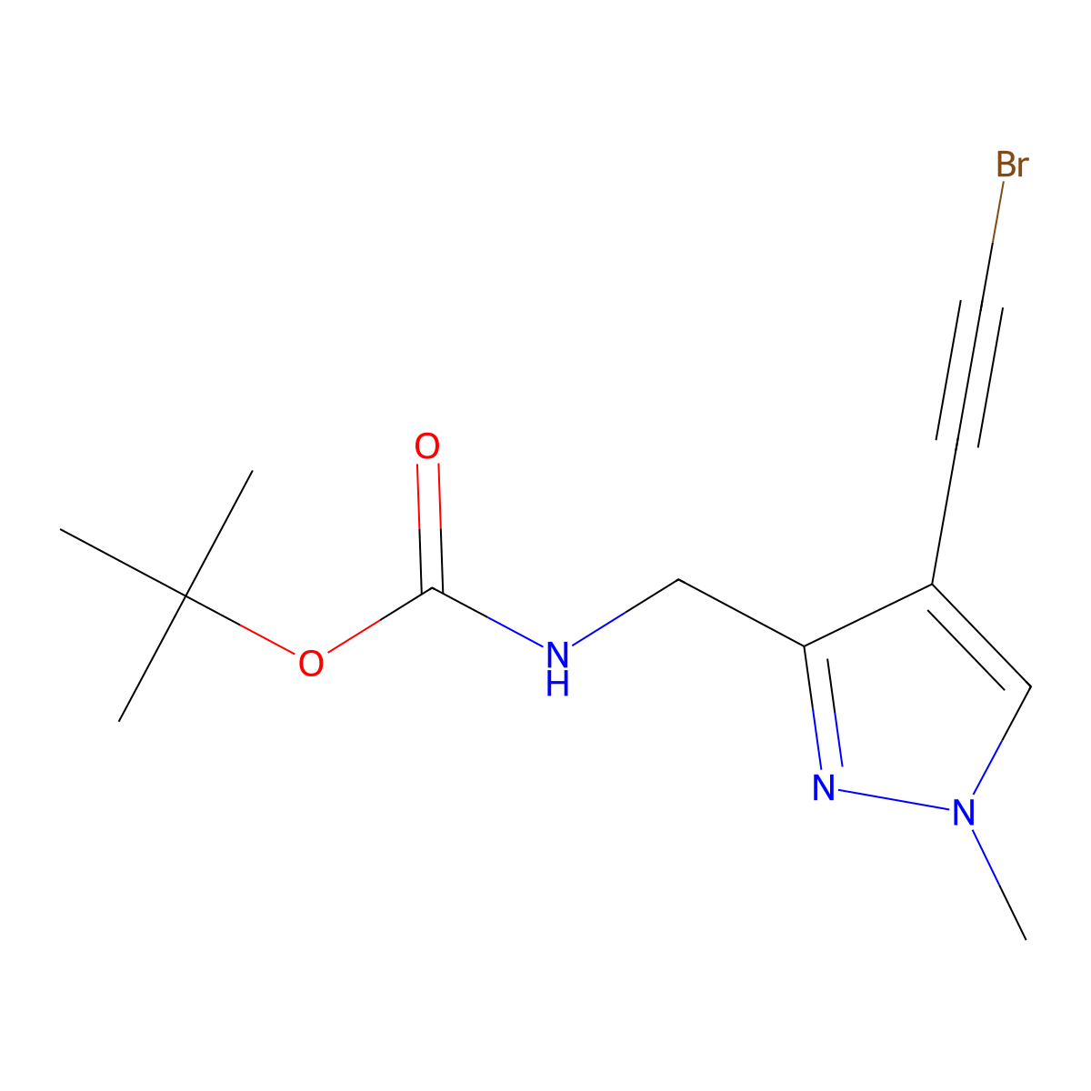 tert-butyl N-{[4-(2-bromoethynyl)-1-methyl-1H-pyrazol-3-yl]methyl}carbamate molecular structure, CAS 2411298-03-6