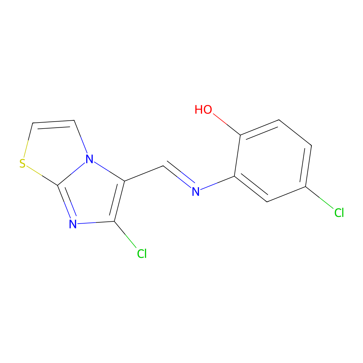 4-Chloro-2-{[(6-chloroimidazo[2,1-b][1,3]thiazol-5-yl)methylene]amino}benzenol molecular structure, CAS 241132-44-5