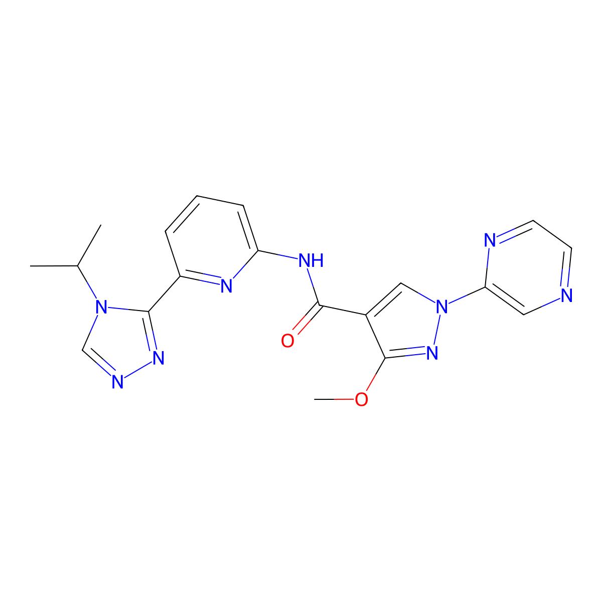N-(6-(4-Isopropyl-4H-1,2,4-triazol-3-yl)pyridin-2-yl)-3-methoxy-1-(pyrazin-2-yl)-1H-pyrazole-4-carboxamide molecular structure, CAS 2411382-24-4