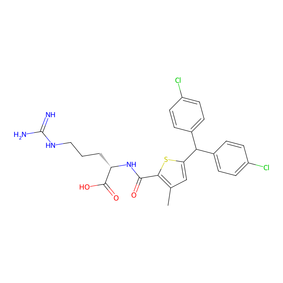 (S)-2-(5-(Bis(4-chlorophenyl)methyl)-3-methylthiophene-2-carboxamido)-5-guanidinopentanoic acid molecular structure, CAS 2411440-41-8