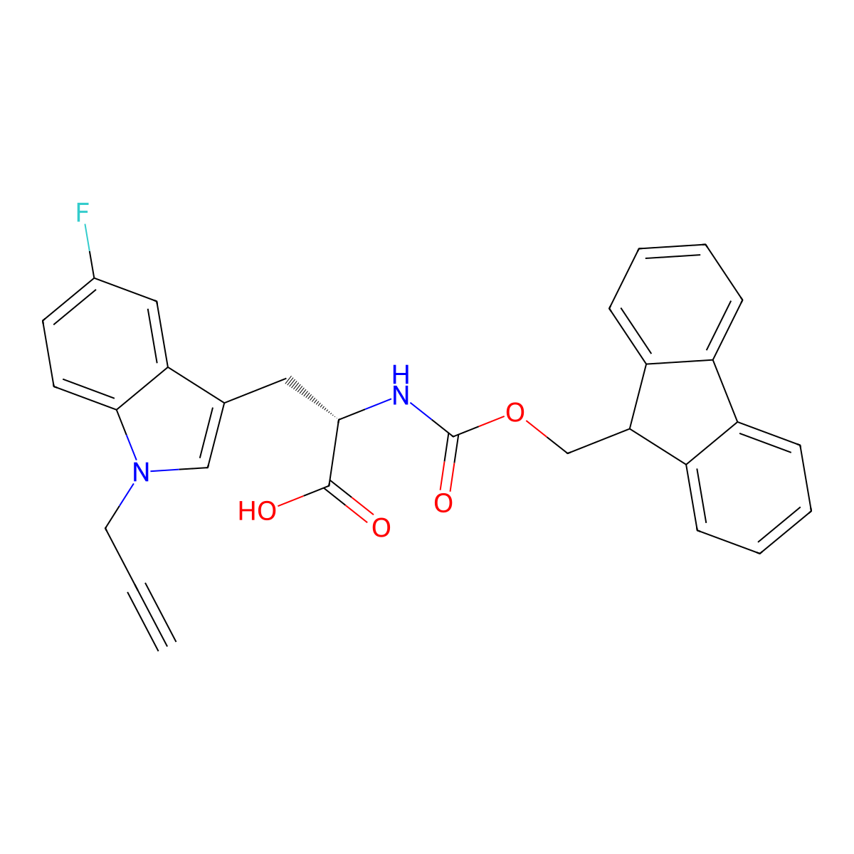 (S)-2-((((9H-fluoren-9-yl)methoxy)carbonyl)amino)-3-(5-fluoro-1-(prop-2-yn-1-yl)-1H-indol-3-yl)propanoic acid molecular structure, CAS 2411510-34-2