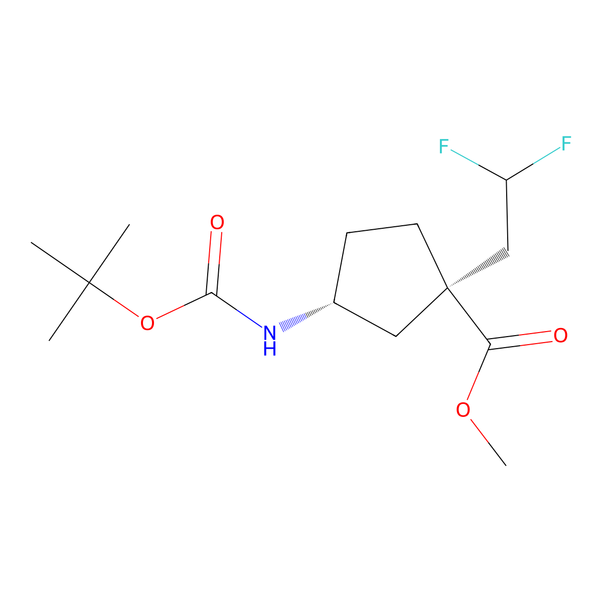 (1R,3R)-methyl 3-((tert-butoxycarbonyl)amino)-1-(2,2-difluoroethyl)cyclopentanecarboxylate molecular structure, CAS 2411591-33-6